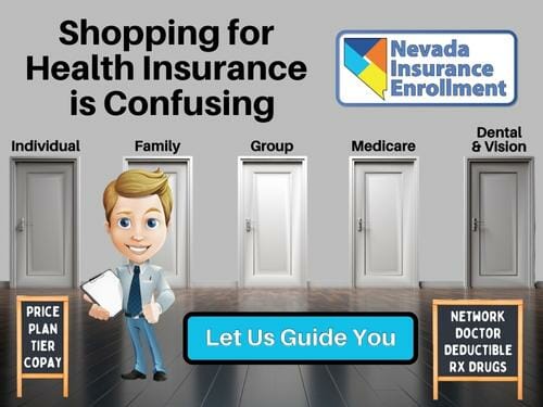 Health Insurance is Confusing, Let Us Guide You - large room, dark wooden floor, 5 white doors against the far wall, signs on the floor stating let us guide you.