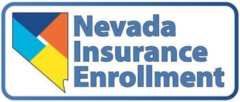 Nevada Insurance Enrollment logo - Nevada State outline divided into four colors of dark blue, light blue, orange and yellow