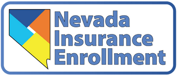 Nevada Insurance Enrollment logo - Nevada State outline divided into four colors of dark blue, light blue, orange and yellow