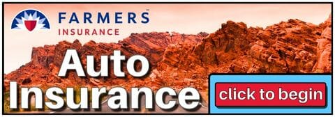 Two lane highway with mountains of red rock and letters spelling out Farmers and Auto Insurance