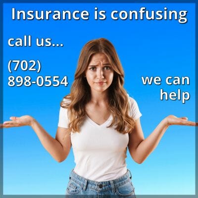 Shopping for Insurance is confusing. Call us, we can help. Confused woman, yellow shirt holding a cell phone. (702) 898-0554